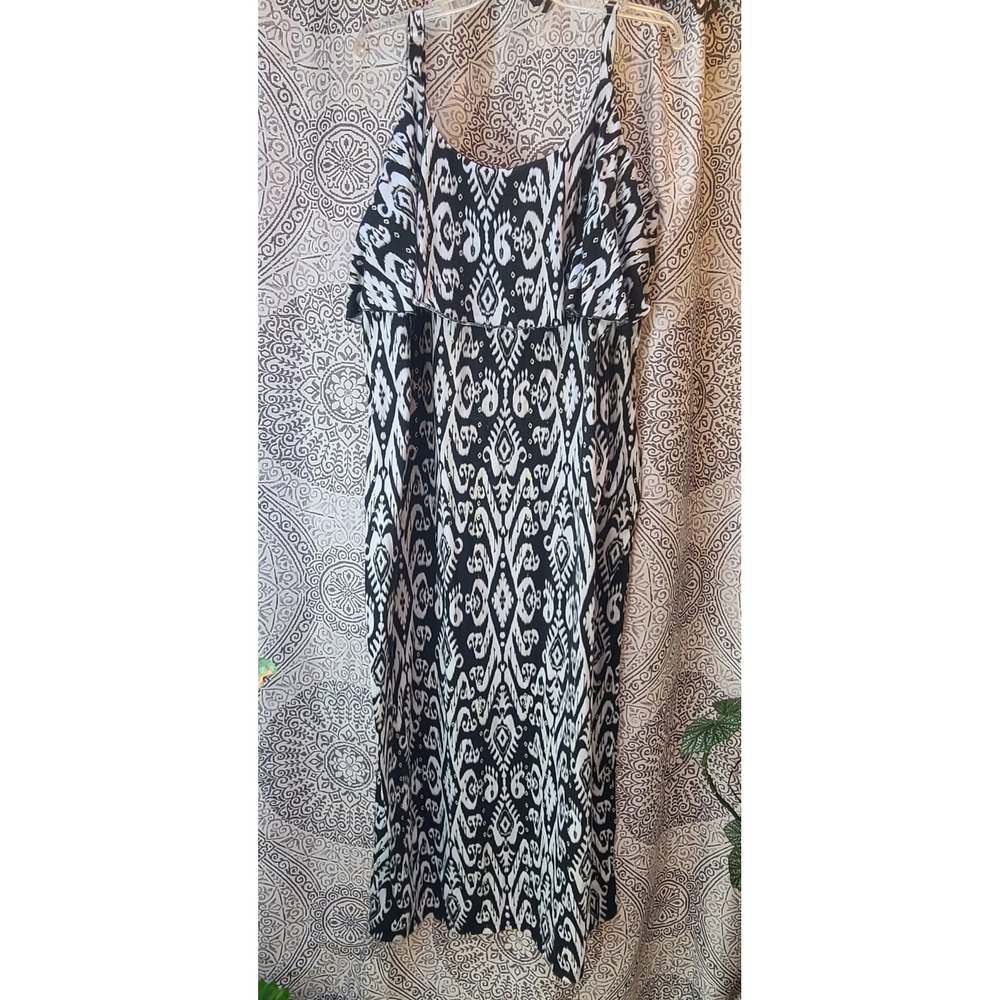 Faded Glory Maxi Dress Women 3X Black White Tribal Ikat Ruffle Sleeveless 22/24W